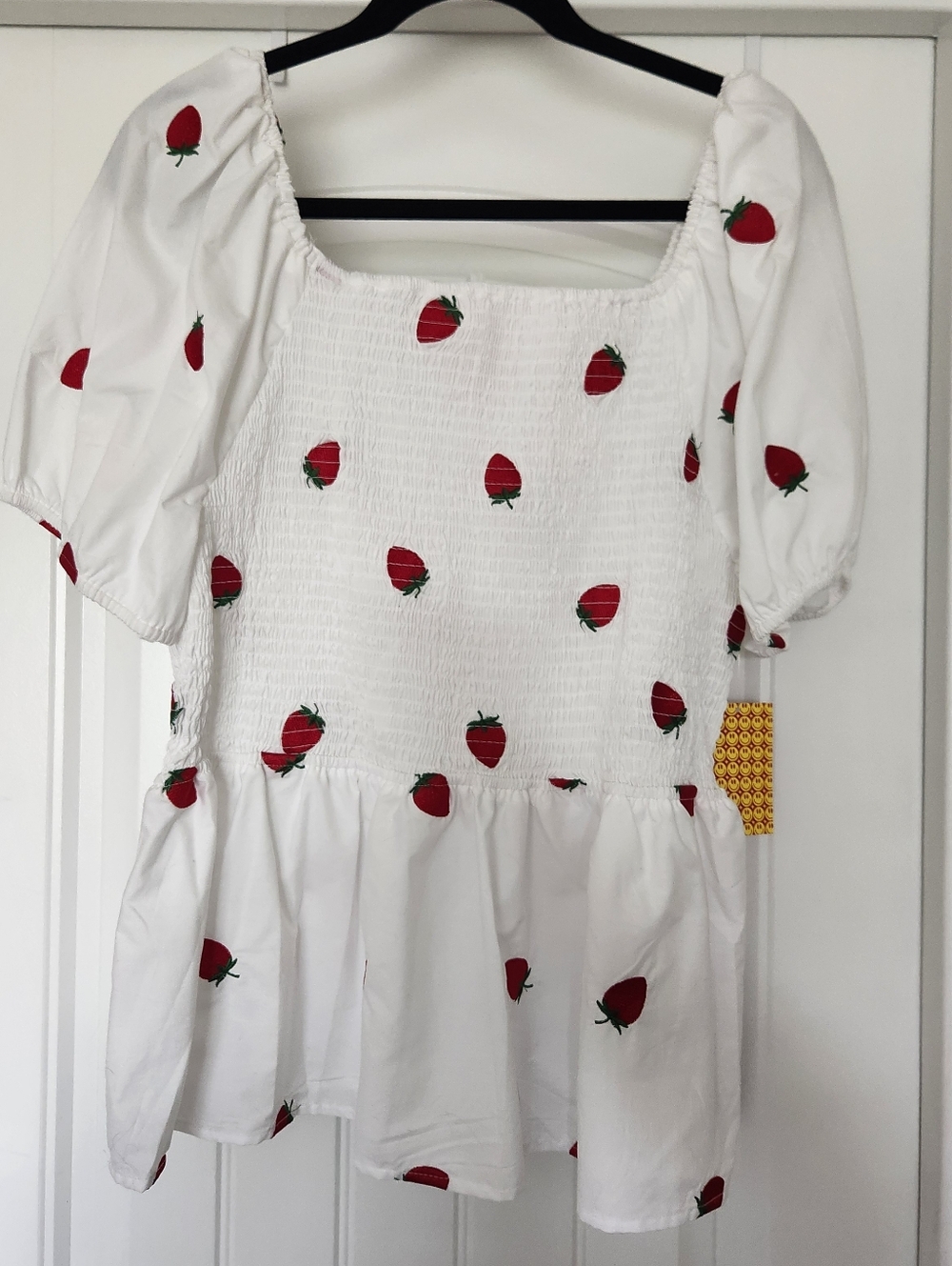 Plus-size White Strawberry Print Smocked Peplum Top